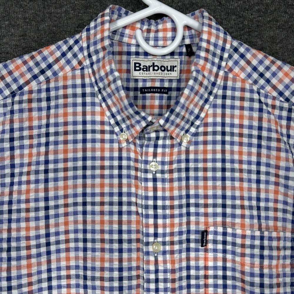 Barbour Seersucker 2 Short Sleeve Shirt Mens M White Blue Check Button Tailored